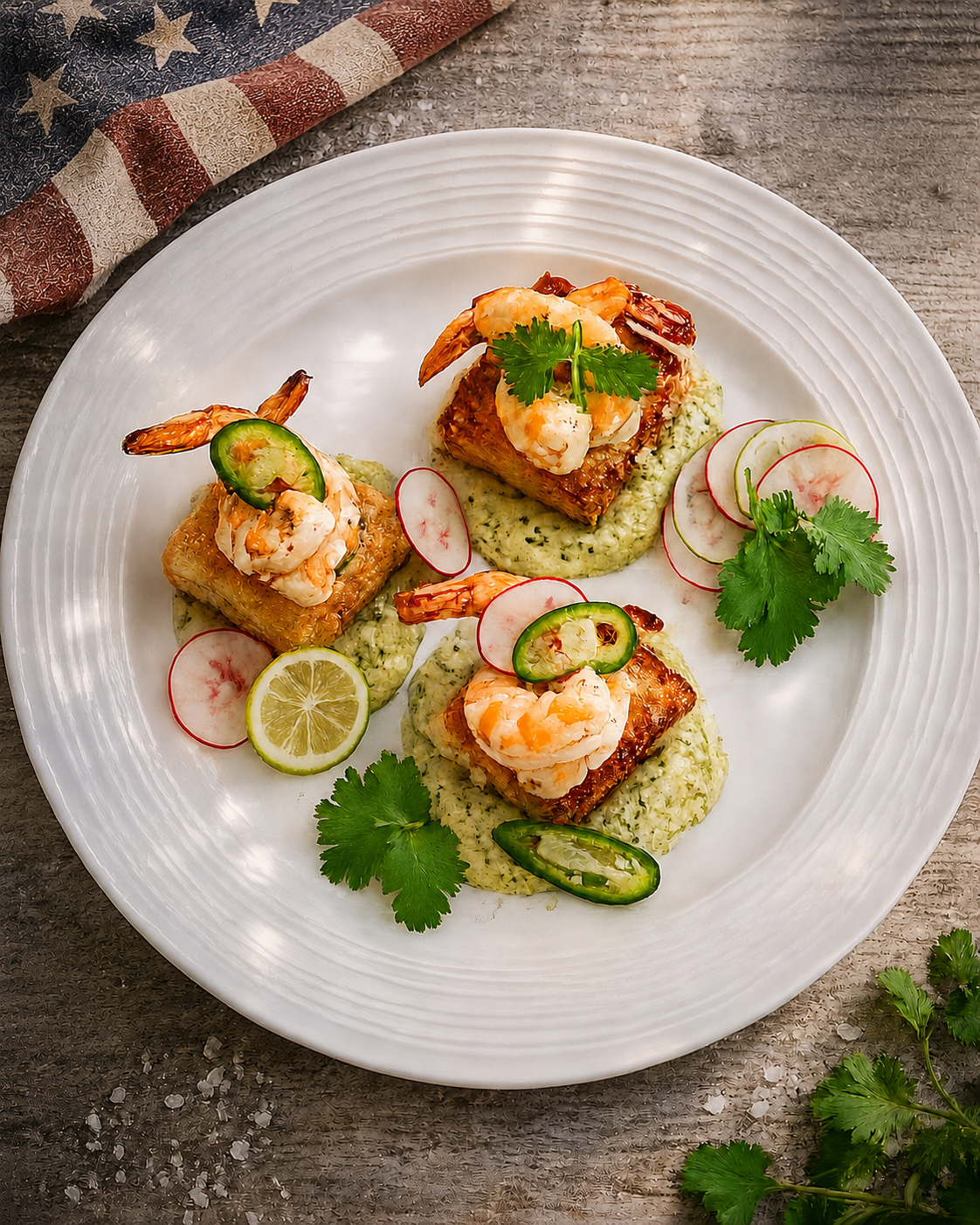 Grilled shrimp served over crispy coconut rice with avocado-lime crema, radishes, cilantro, and fresh jalapeño.