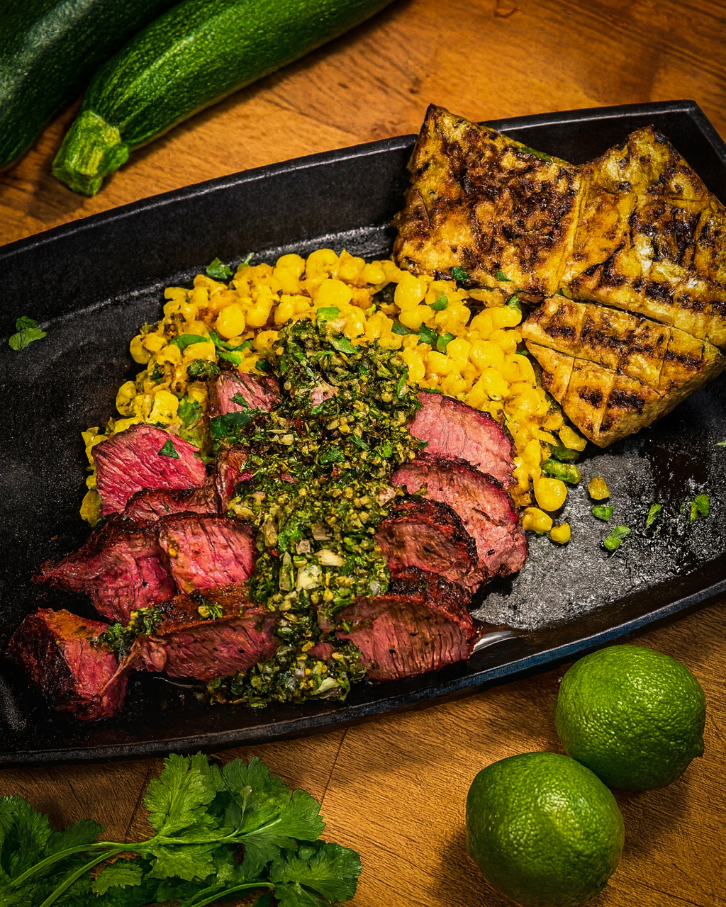 Steak with corn and flatbread