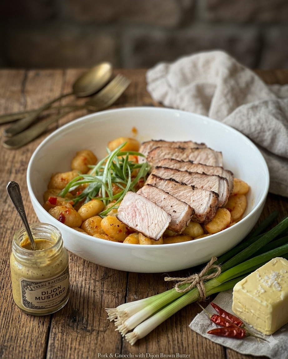 Fire-roasted pork over crispy gnocchi tossed in Dijon brown butter with Calabrian chiles, garlic, and fresh scallions