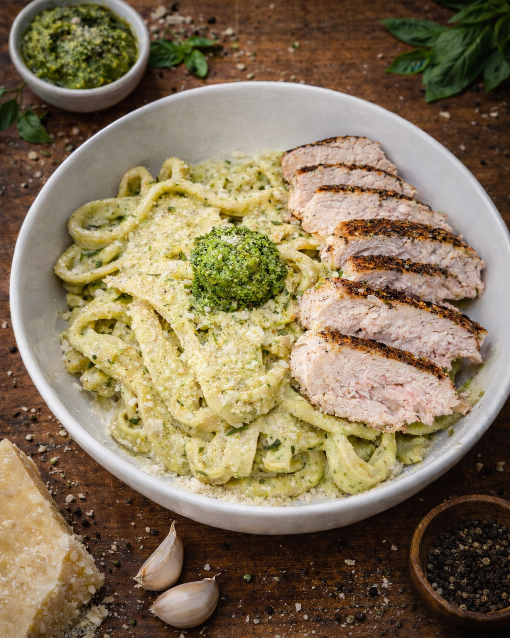 Rustic handmade pasta in a creamy pesto sauce, topped with sliced chicken, served in a white bowl on a wooden board.