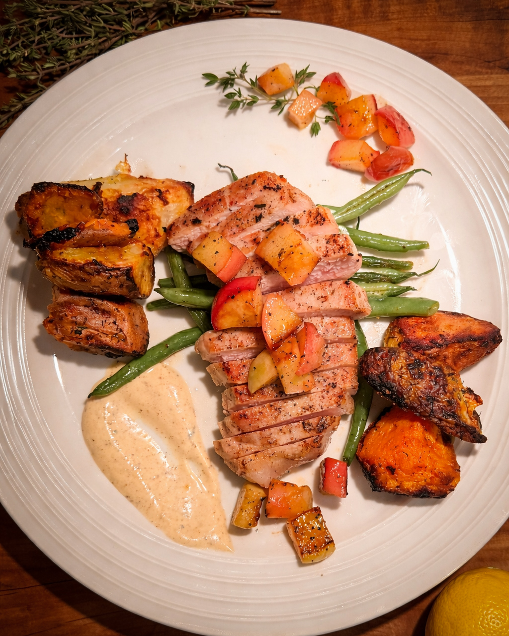 The Reset: brined pork chops with sautéed apples, green beans, crispy potatoes, and a savory Greek yogurt sauce
